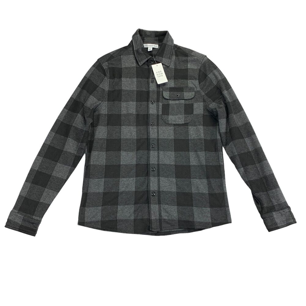 And Now This Mens Heavyweight Plaid Slim Fit Flannel Button Shirt Gray Black S